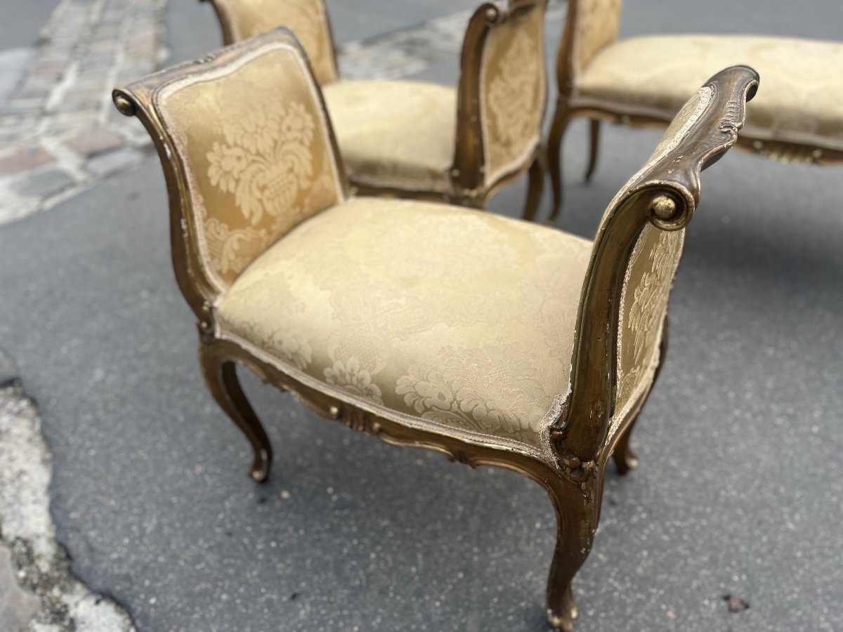 Set Of A Bench And Two Poufs, Italy, Late 19th Century-photo-4