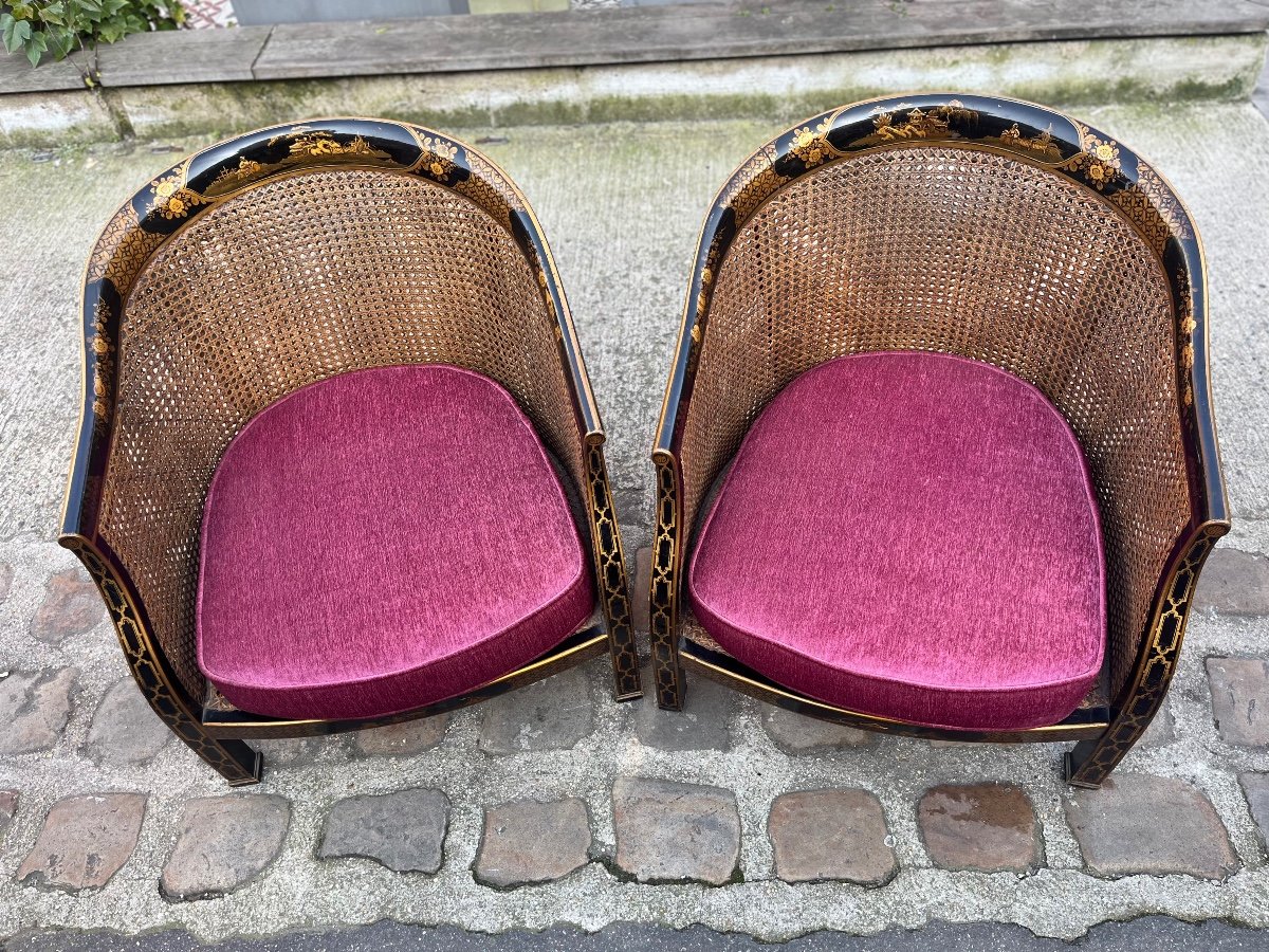 Pair Of Gondola Armchairs In Lacquered Wood, Decorated With Chinese Motifs, Late 19th Century-photo-2