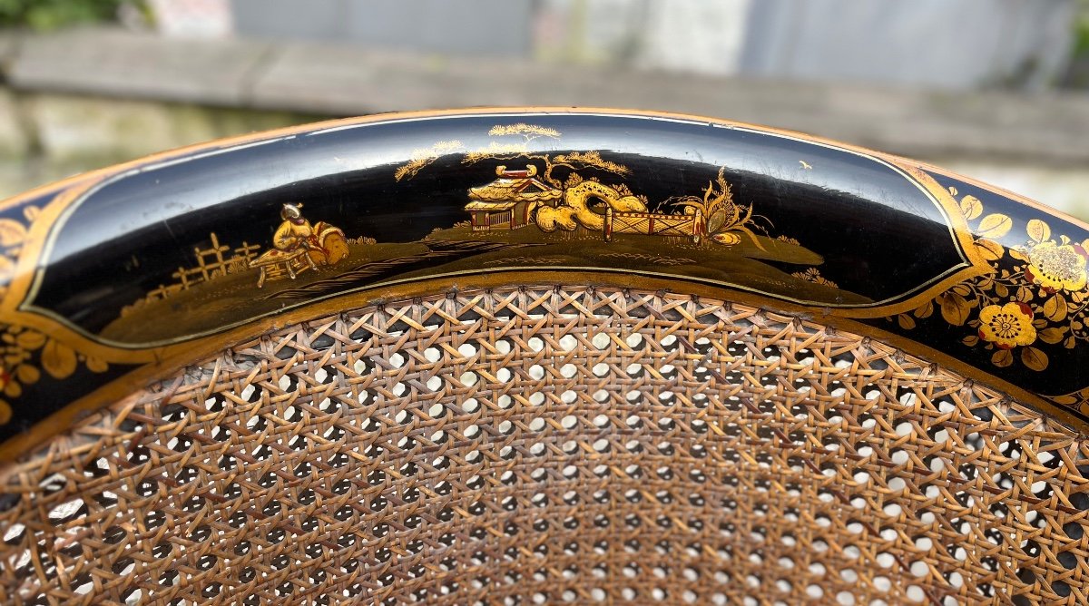 Pair Of Gondola Armchairs In Lacquered Wood, Decorated With Chinese Motifs, Late 19th Century-photo-3