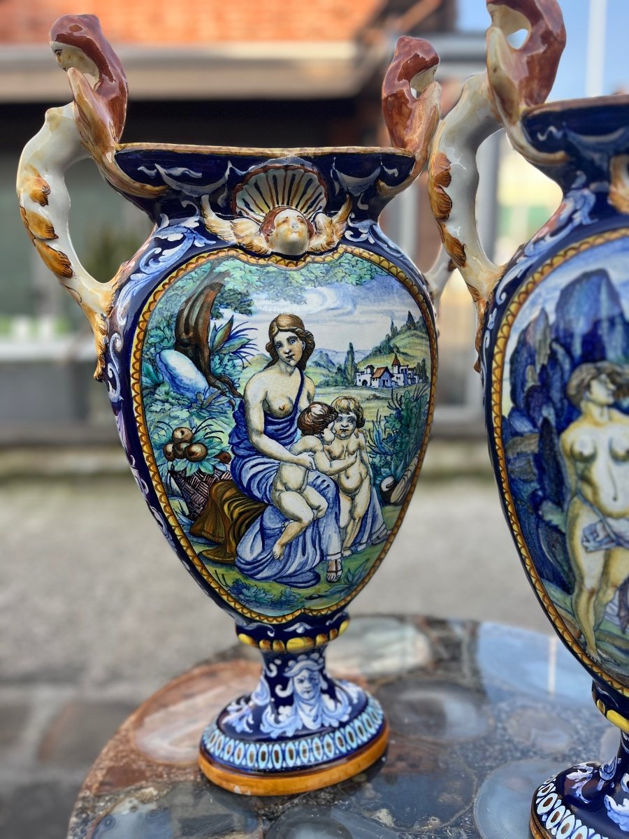 Paire De Vases En Faïence Italienne, Fin XIXe - Début XXe Siècle-photo-3