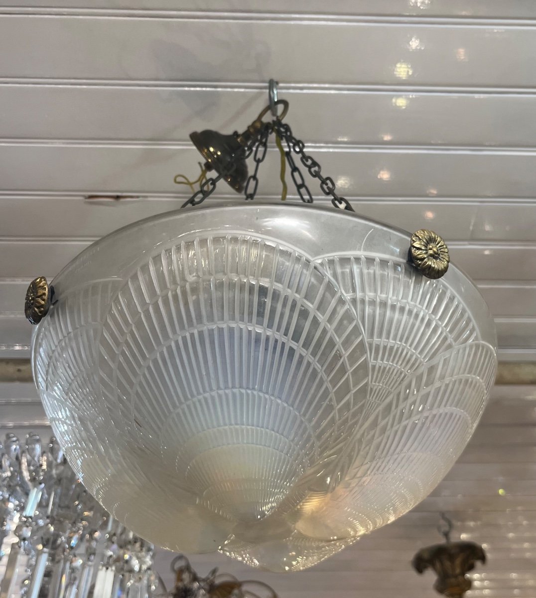 Pair Of Opaline Glass Ceiling Lights Signed Lalique France Coquillage Model 20th Century -photo-4