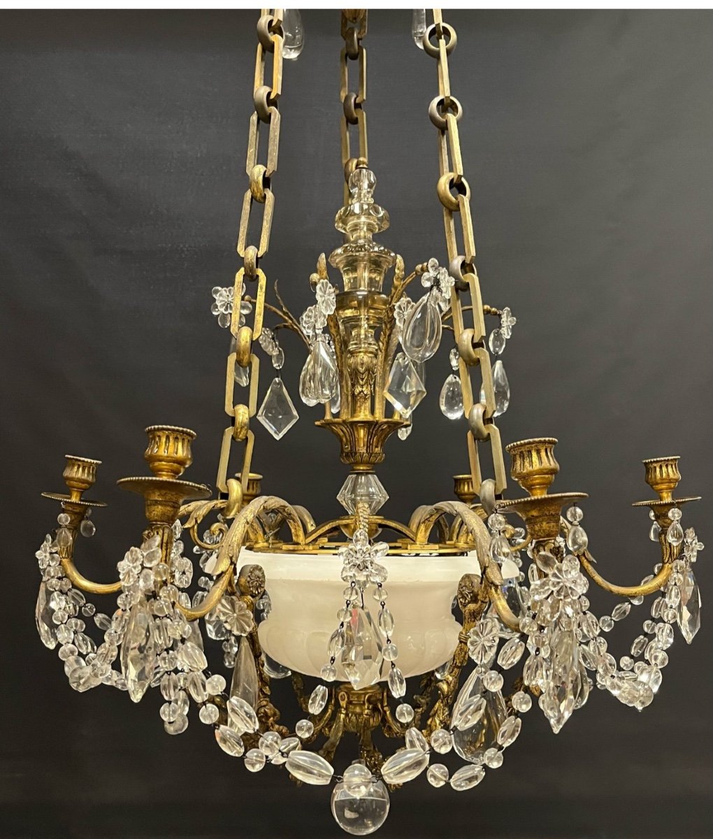 Gilt Bronze Chandelier Alabaster Cup And Crystals End Of 19th Century France -photo-2