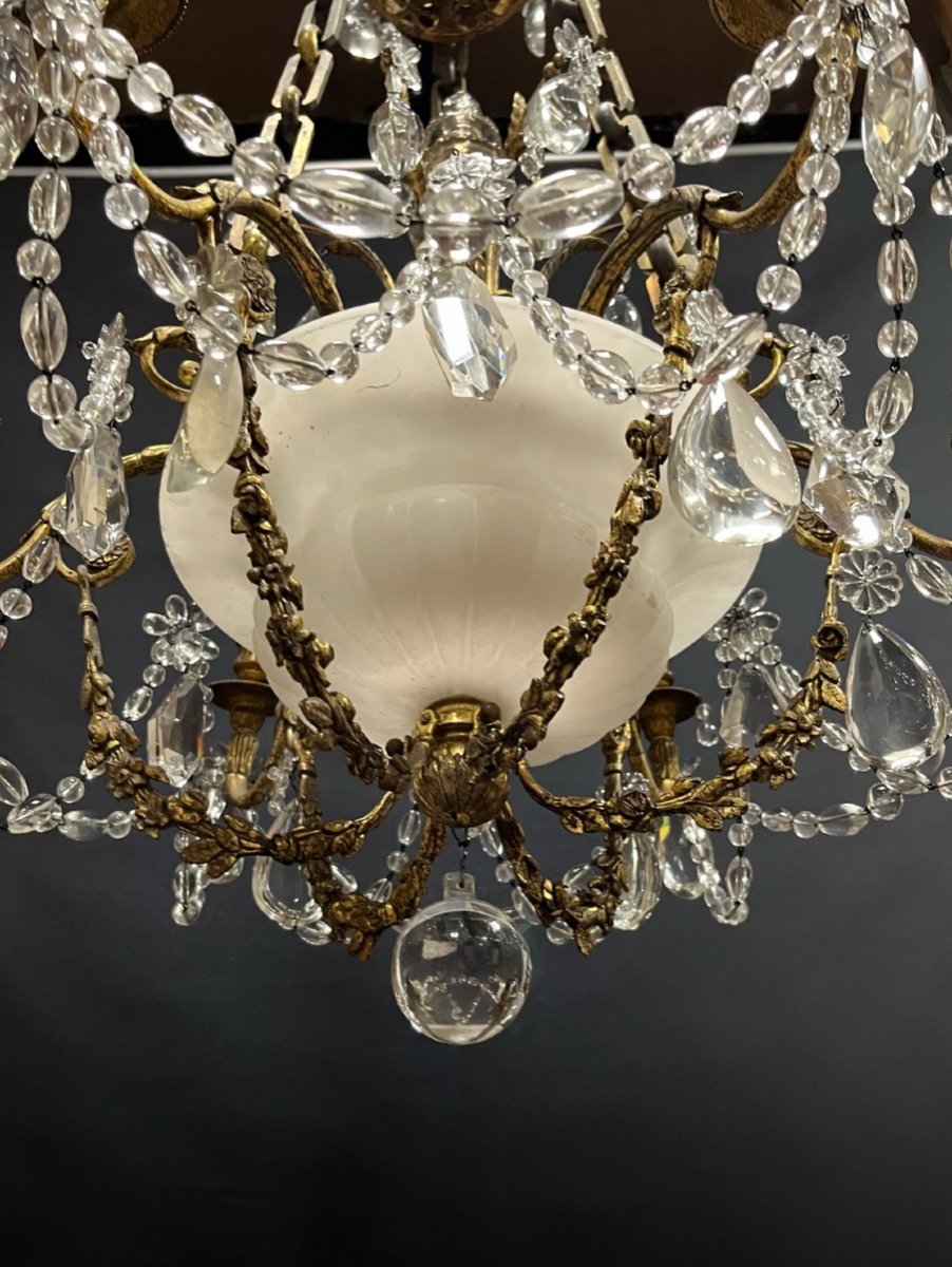 Gilt Bronze Chandelier Alabaster Cup And Crystals End Of 19th Century France -photo-3