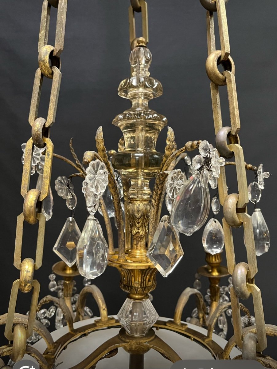 Gilt Bronze Chandelier Alabaster Cup And Crystals End Of 19th Century France -photo-4