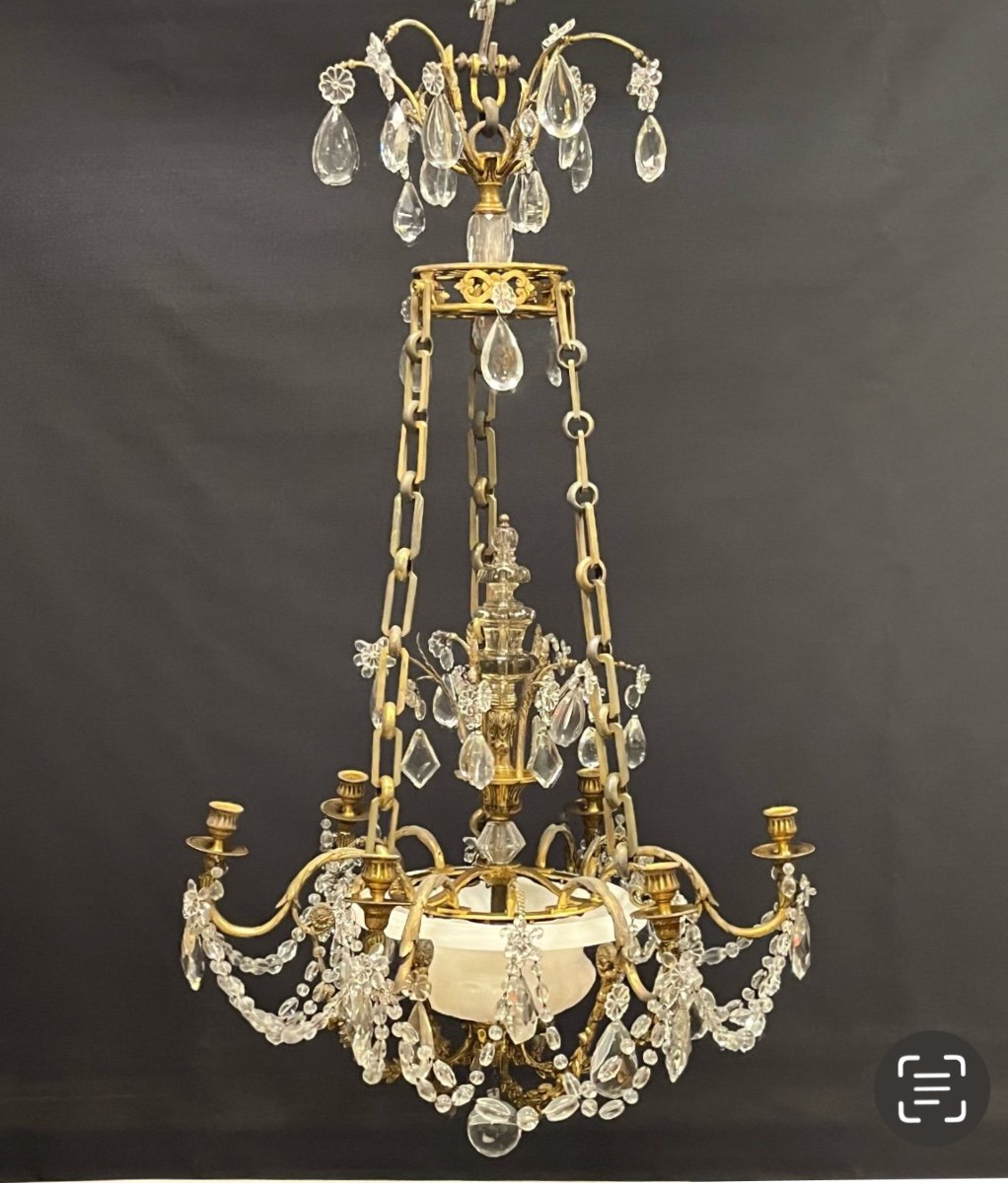 Gilt Bronze Chandelier Alabaster Cup And Crystals End Of 19th Century France 