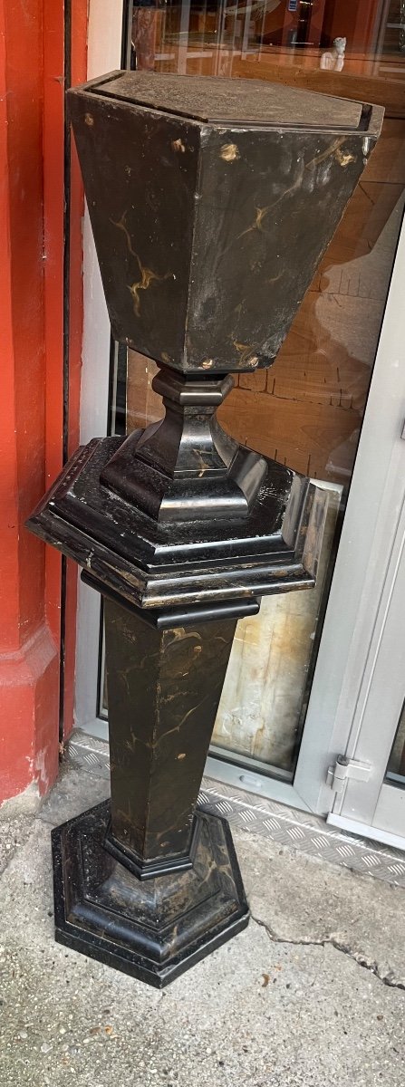 Pair Of Sheaths And Vases With Cut Sides In Slate 19th Century Faux Marble Patina Portor -photo-4