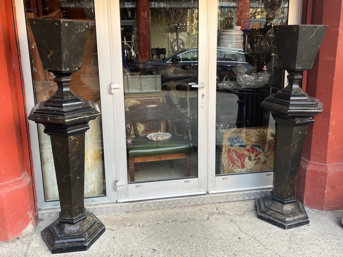 Pair Of Sheaths And Vases With Cut Sides In Slate 19th Century Faux Marble Patina Portor 