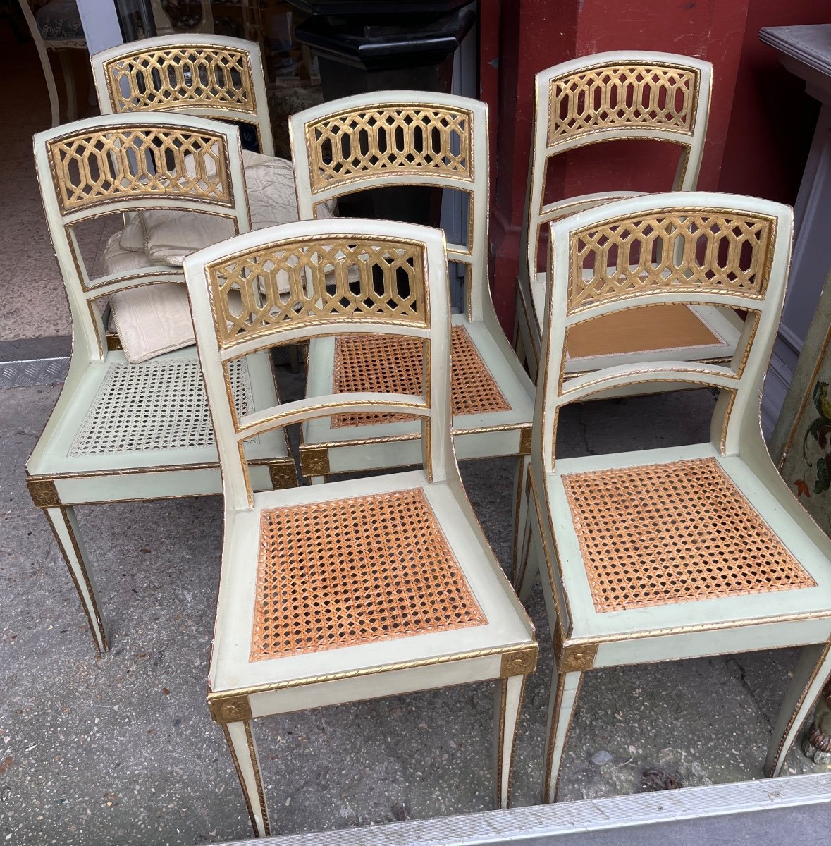 Set Of 6 Lacquered And Gilded Chairs, Italy, 19th Century -photo-2