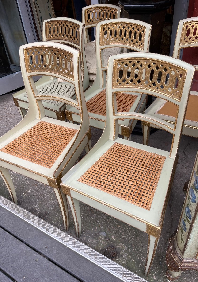 Set Of 6 Lacquered And Gilded Chairs, Italy, 19th Century -photo-3