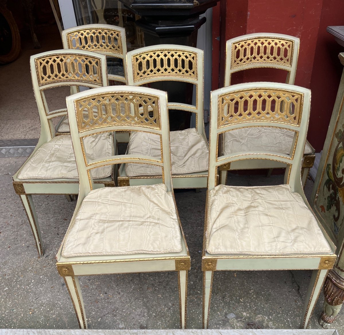 Set Of 6 Lacquered And Gilded Chairs, Italy, 19th Century 