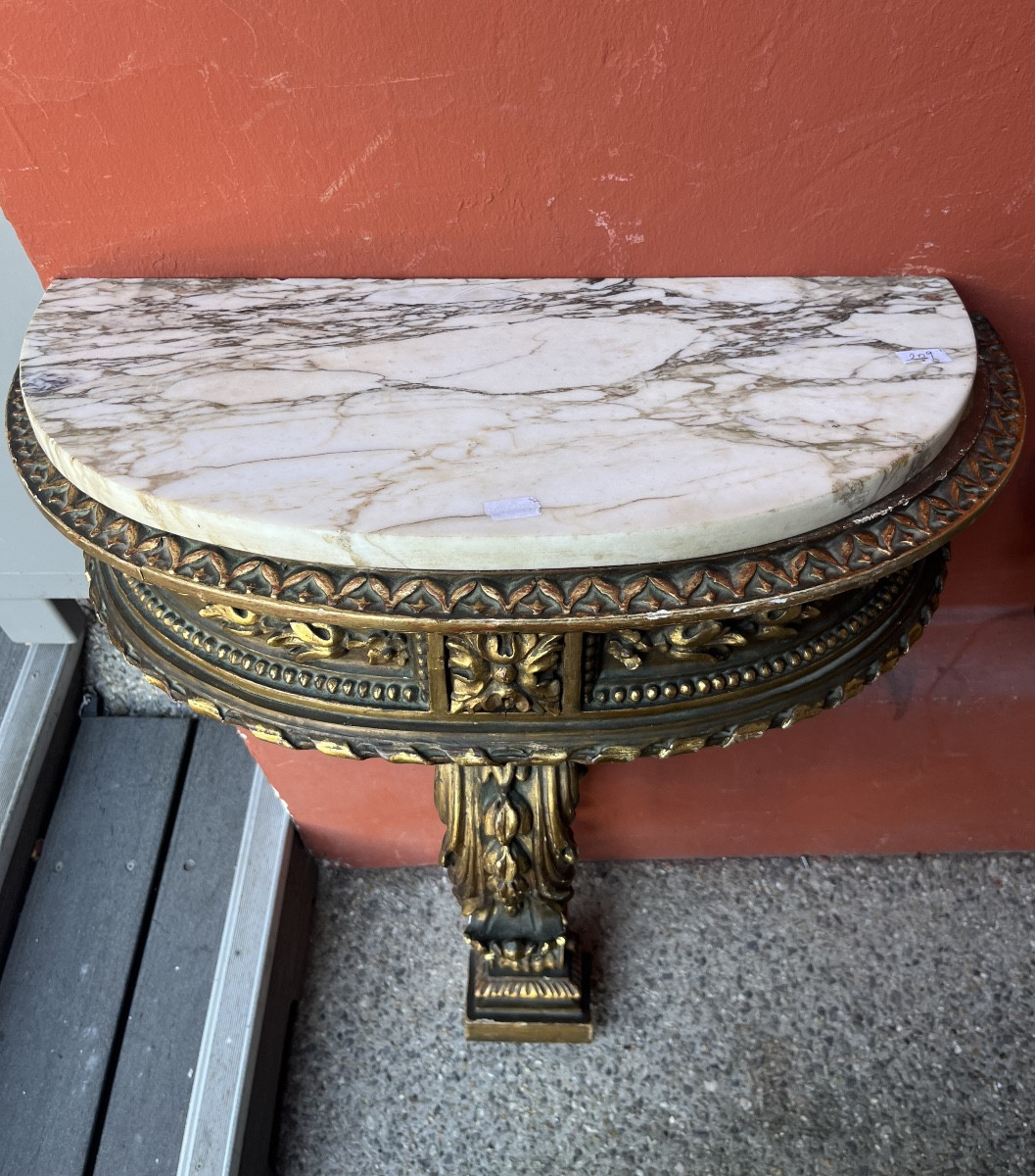 Pair Of Louis XVI Style Gilded Wood Wall Consoles With Marble Top, Late 19th Century, Half Moon-photo-2