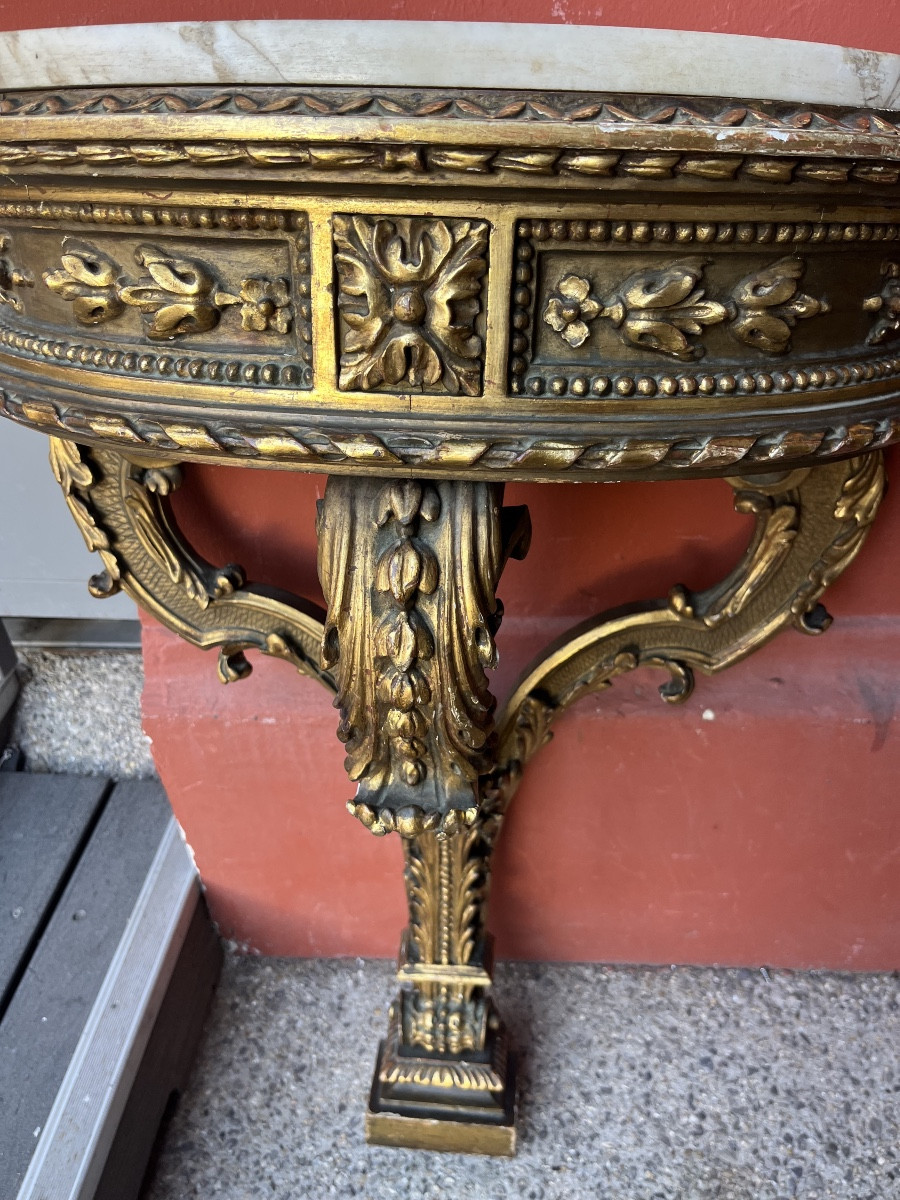 Pair Of Louis XVI Style Gilded Wood Wall Consoles With Marble Top, Late 19th Century, Half Moon-photo-3