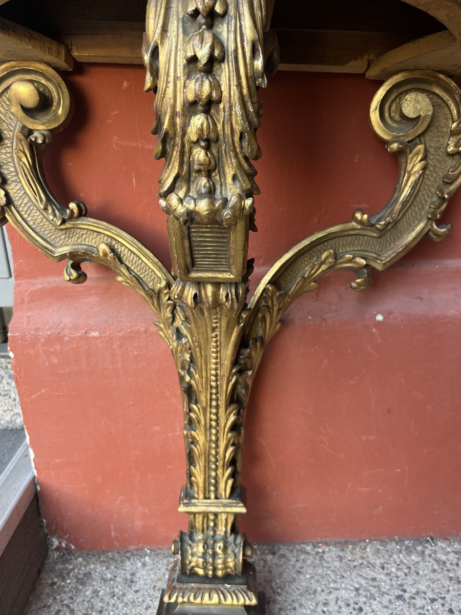 Pair Of Louis XVI Style Gilded Wood Wall Consoles With Marble Top, Late 19th Century, Half Moon-photo-4