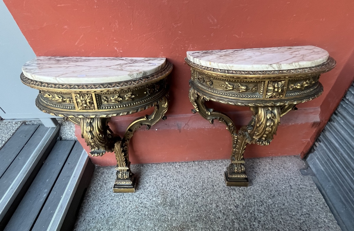 Pair Of Louis XVI Style Gilded Wood Wall Consoles With Marble Top, Late 19th Century, Half Moon-photo-1