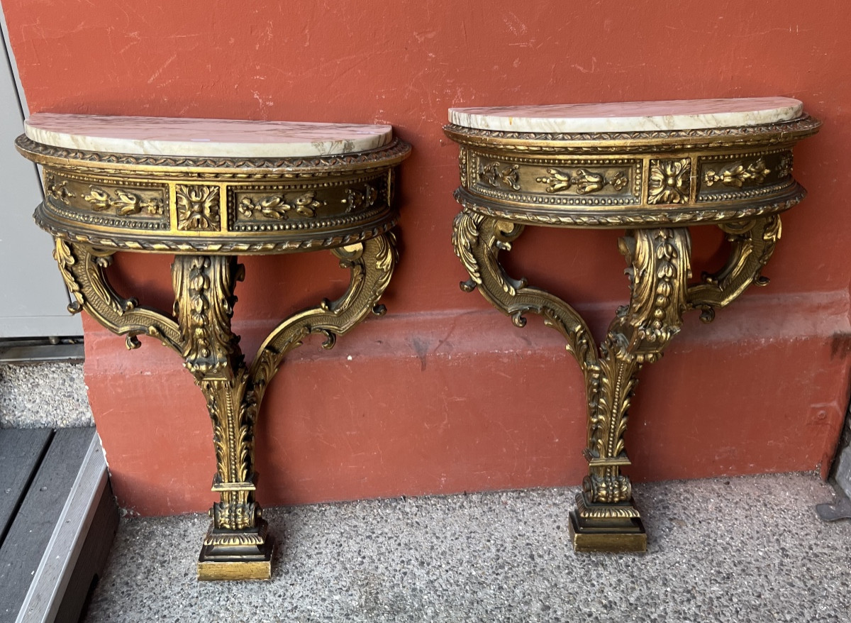 Pair Of Louis XVI Style Gilded Wood Wall Consoles With Marble Top, Late 19th Century, Half Moon