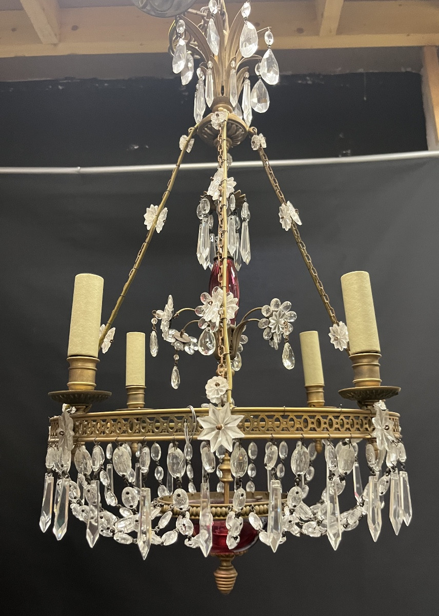 Gilded Bronze And Crystal Chandelier From The 1940s In Russian Or Scandinavian Style 