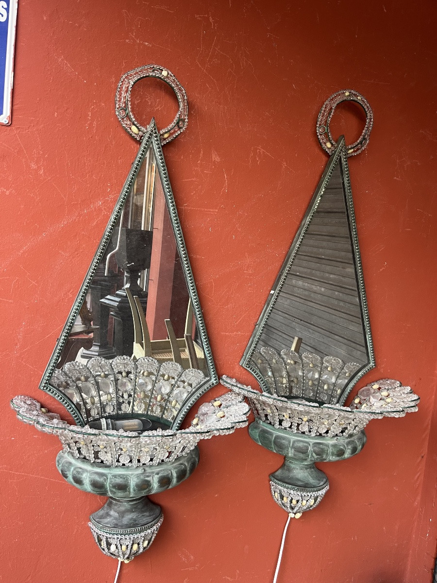 Pair Of 1940s Wall Lights In Verdigris Patina Metal And Pearls -photo-2