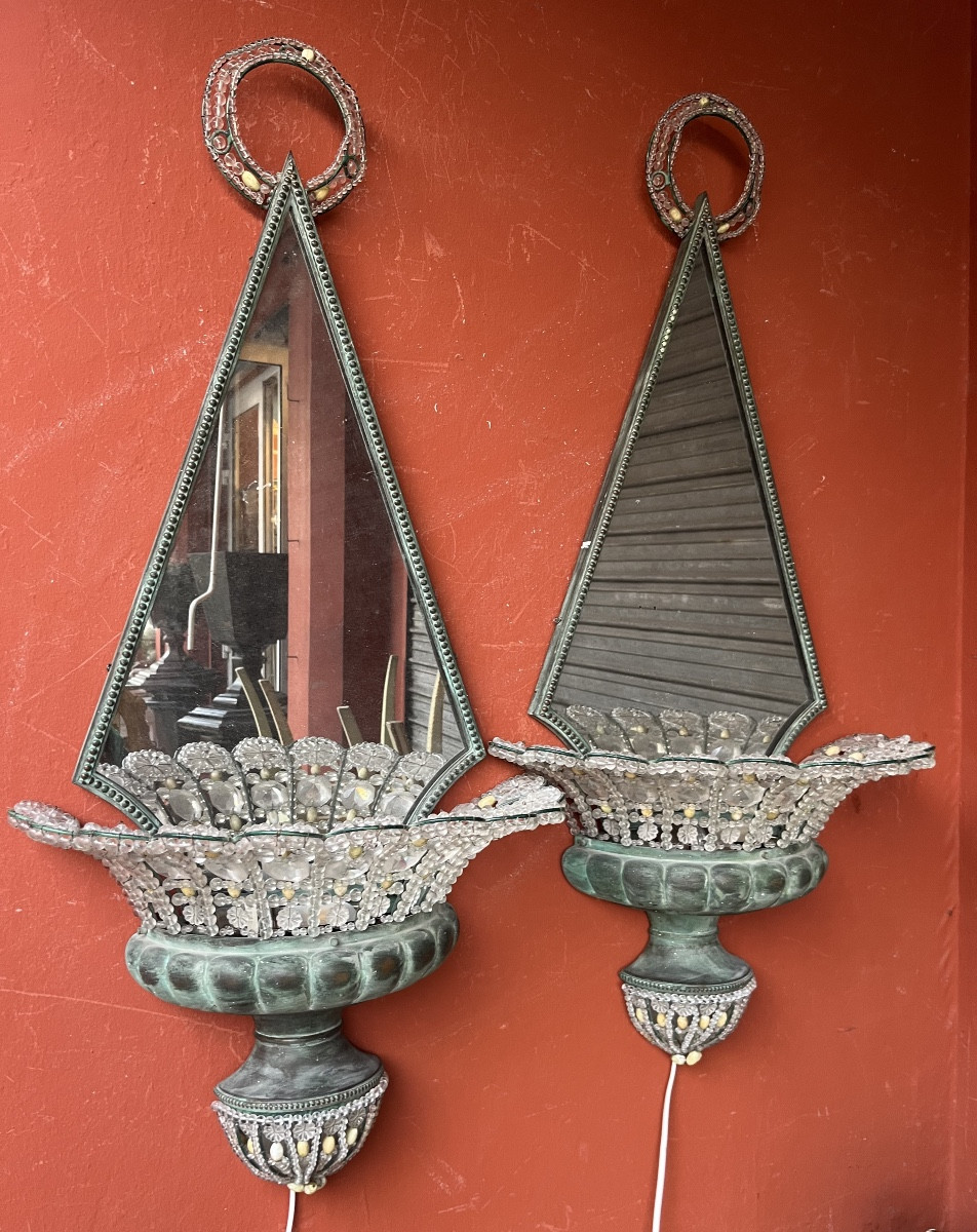 Pair Of 1940s Wall Lights In Verdigris Patina Metal And Pearls 