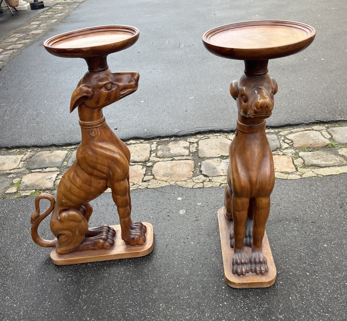 Pair Of Natural Wood Vase Holders With Greyhound Decor, 20th Century, Italy-photo-2