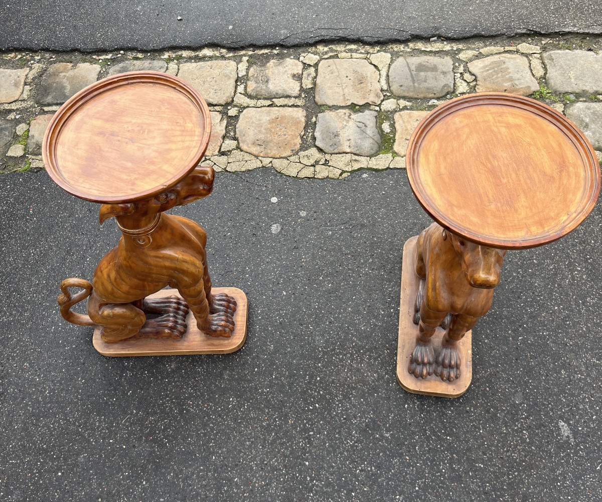 Pair Of Natural Wood Vase Holders With Greyhound Decor, 20th Century, Italy-photo-1