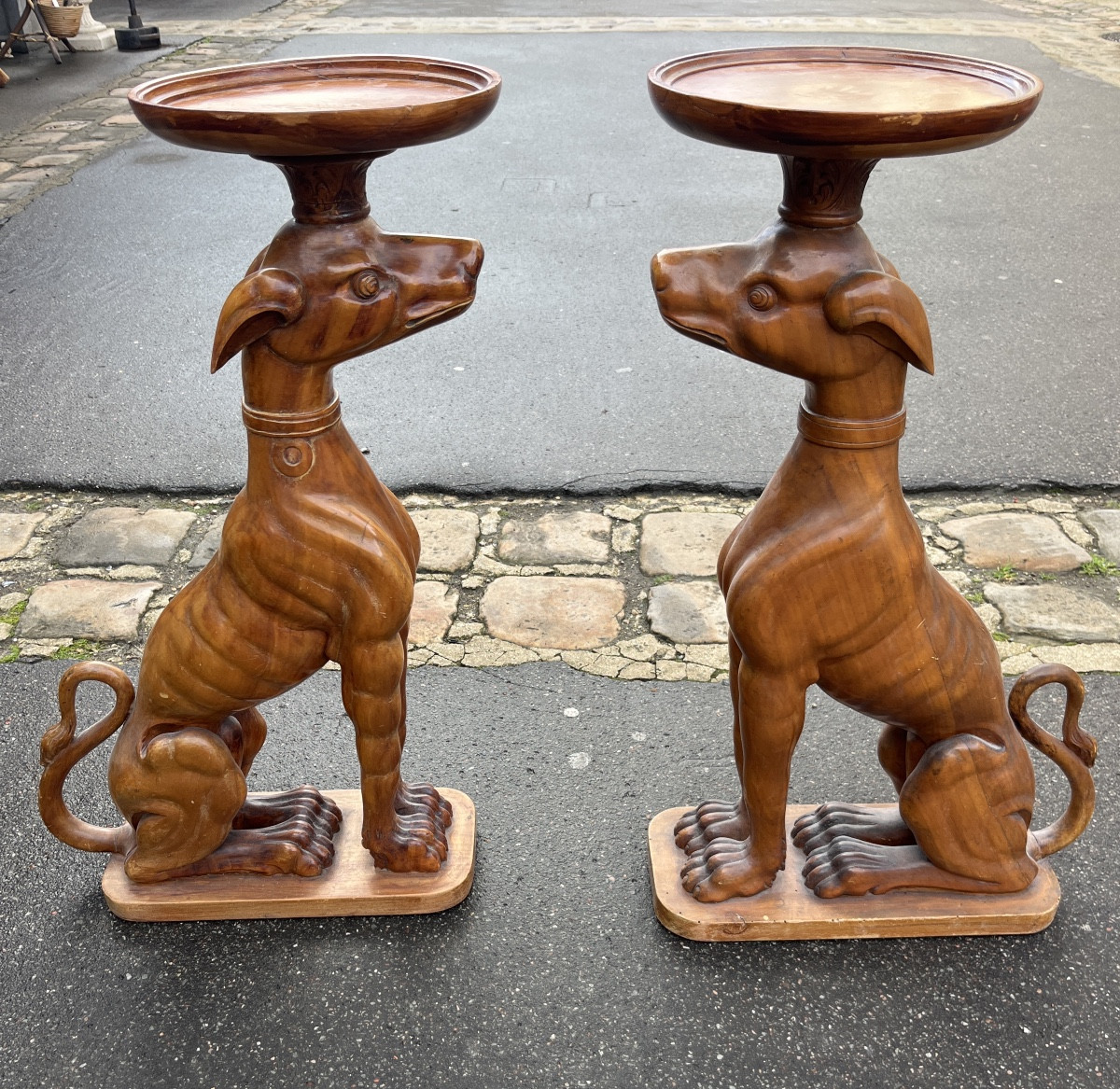 Pair Of Natural Wood Vase Holders With Greyhound Decor, 20th Century, Italy