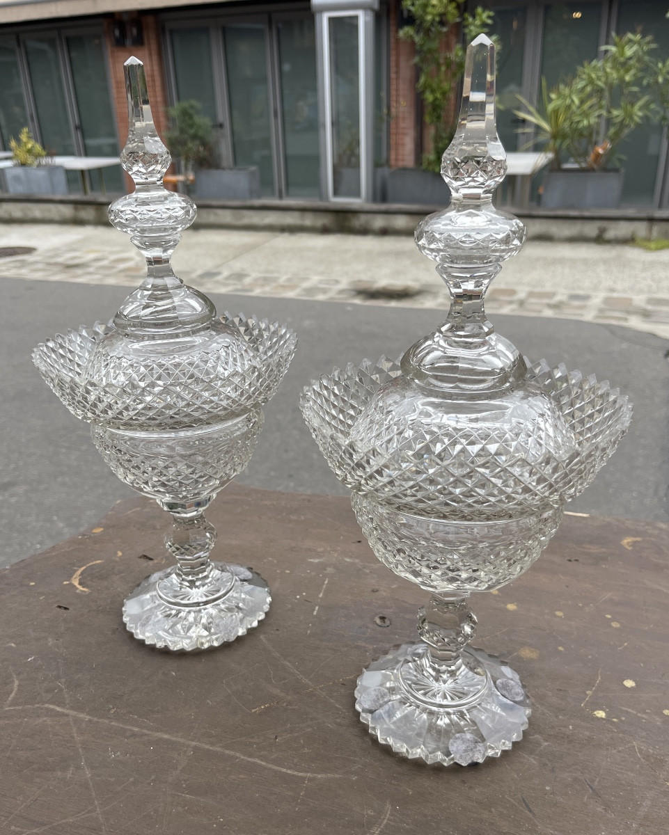 Pair Of 19th Century Cut Crystal Drageoirs With Diamond Points 