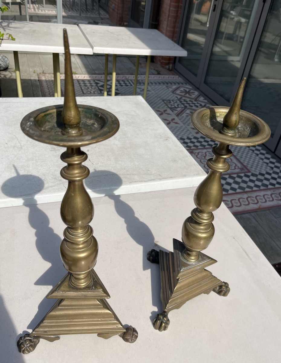 Pair Of Bronze Candelabras, 17th Century, Italy, Tripods -photo-3