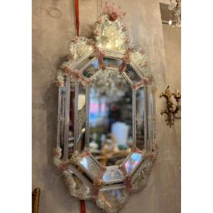 Miroir Vénitien Fleur Rose En Verre De Murano, XXe Siècle 