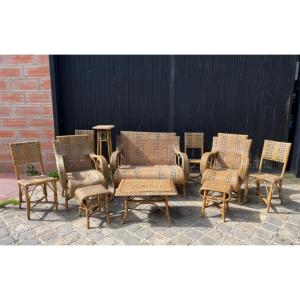 Garden Furniture Of 11 Rattan Objects, 20th Century 