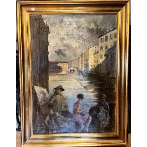 Todeschini Piero, Artists Painting On The Old Naviglio Di San Marco In Milan, Italy, 20th Century