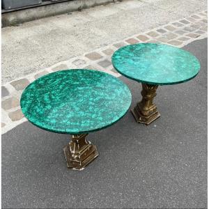 Pair Of Small Malachite Tray Pedestals 20 Th Century 