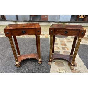 Pair Of Walnut Bedside Tables, Italian Neoclassical Style, 19th Century