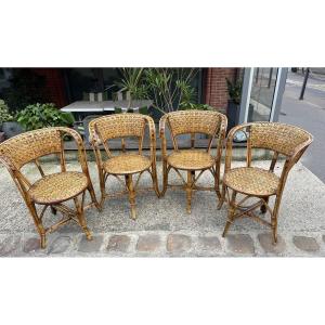 Ensemble De 4 Fauteuils En Rotin, Italie, XXe Siècle