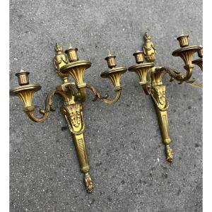 Pair Of Bronze Wall Lights, Louis XVI Style, Early 20th Century