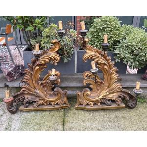 Pair Of Italian Baroque Style Carved Gilded Wood Wall Lights 19th Century 