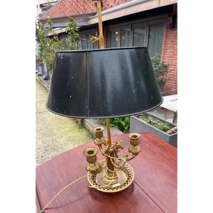 Lampe Bouillotte Bronze Doré Ciselé Début 19 Eme Abat Jour Tôle 