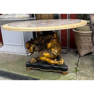 Italian Pedestal Table Gilded Carved Wood Base Marble Top Eclectic Style 