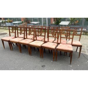 Set Of 12 Walnut Chairs, Early 19th Century, Italy, Neoclassical Style