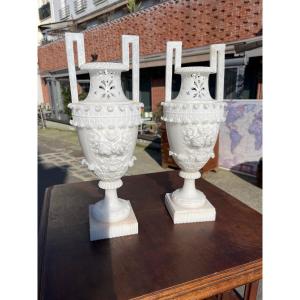 Pair Of Mid-19th Century Alabaster Vases With Flower Decor 