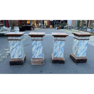 Set Of 4 Painted Wooden Pilaster Columns Faux Marble 19th Century 