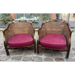 Paire De Fauteuils Gondole En Bois Laqué, Décor Aux Motifs Chinois, Fin XIXe Siècle