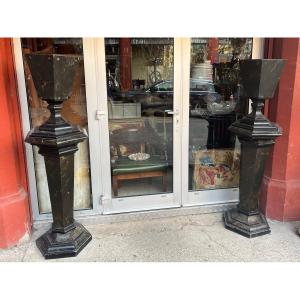 Pair Of Sheaths And Vases With Cut Sides In Slate 19th Century Faux Marble Patina Portor 