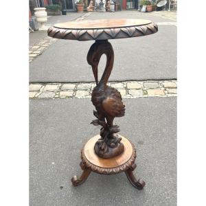 19th Century Black Forest Style Walnut Pedestal Table With Heron Or Stork Decor 