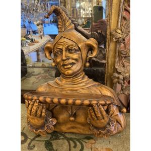 Card Holder Or Wall Console With Carnival Fool Decor 19th Century Natural Wood 