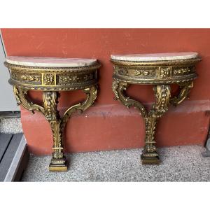 Pair Of Louis XVI Style Gilded Wood Wall Consoles With Marble Top, Late 19th Century, Half Moon