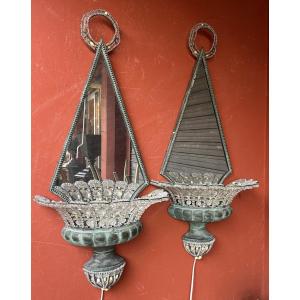 Pair Of 1940s Wall Lights In Verdigris Patina Metal And Pearls 