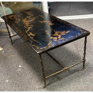 Bagués Coffee Table With Bronze Base And Lacquered Top With Chinese Landscape Decoration 