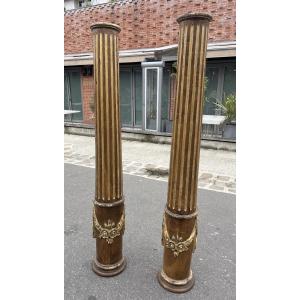 Pair Of Late 18th Century Columns In Patinated And Gilded Wood, Louis XVI Style 