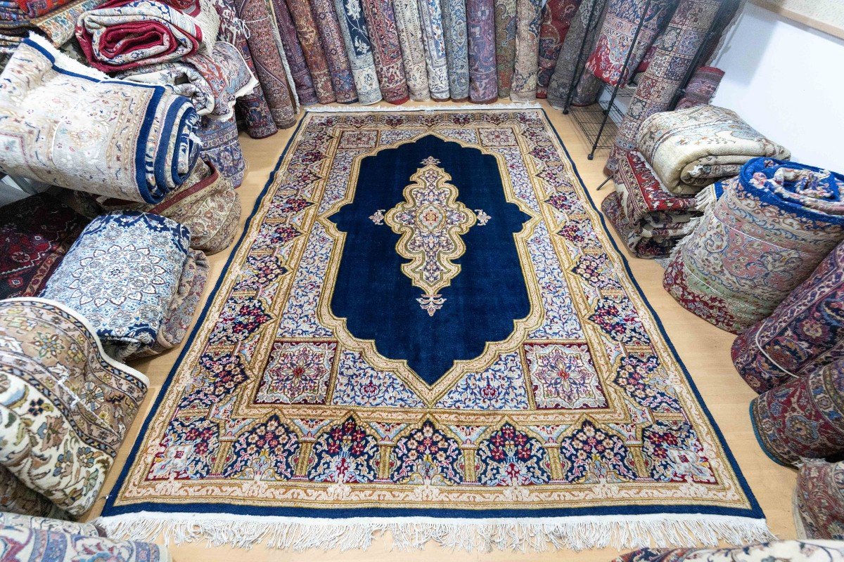 349x249 Cm Véritable Original Tapis Persan Kirman Noué à La Main Bleu-photo-3