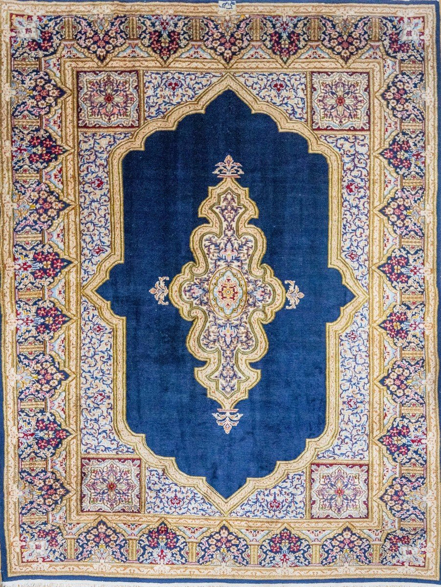 349x249 Cm Véritable Original Tapis Persan Kirman Noué à La Main Bleu